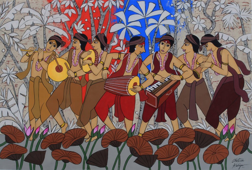 Music Theme Painting showing musicians playing instruments with expressive energy