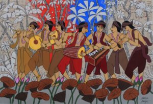 Music Theme Painting showing musicians playing instruments with expressive energy