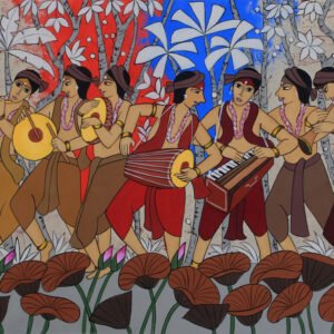 Music Theme Painting showing musicians playing instruments with expressive energy
