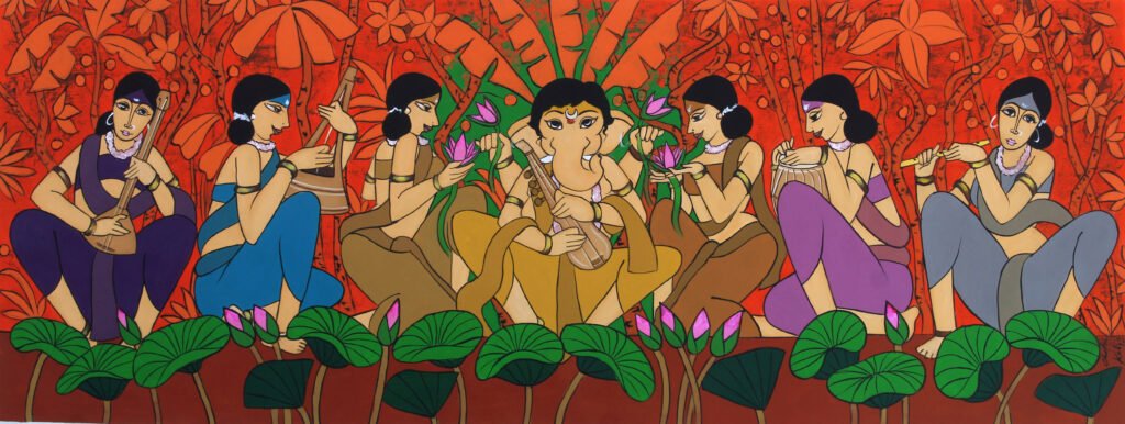 Riddhi Siddhi Ganesha Painting showing Lord Ganesha with consorts in traditional devotional art