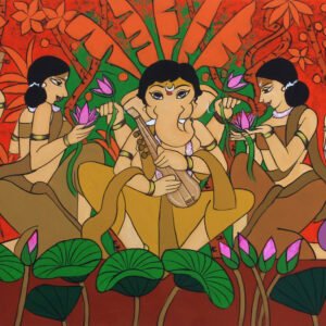 Riddhi Siddhi Ganesha Painting showing Lord Ganesha with consorts in traditional devotional art